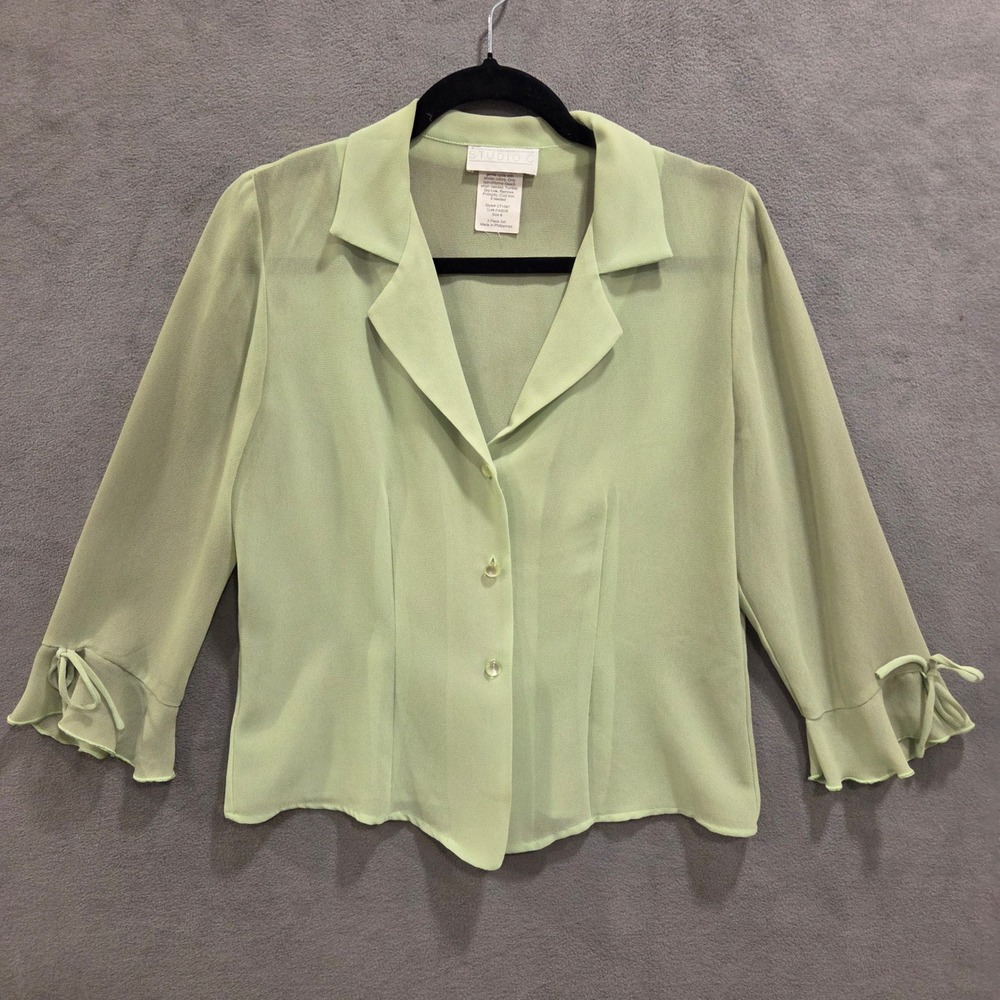 Studio C Sheer Button Up Blouse Women's Size 8 Ruffle Bow Fairycore Office